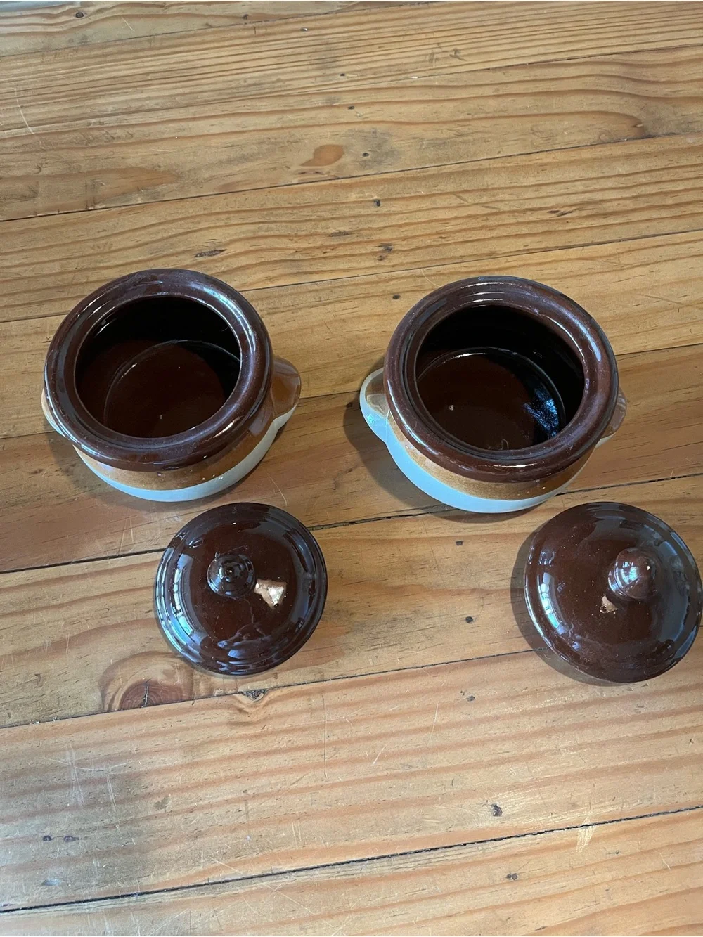 Vintage Brown and Cream Stoneware Casserole Bowls with Lids Set of 2